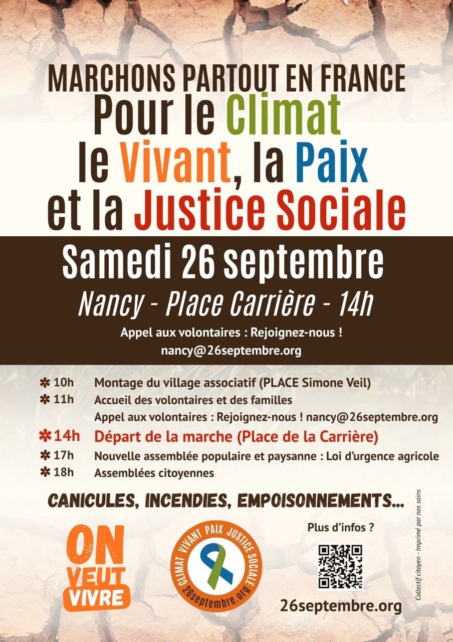 APPEL A MANIFESTER: samedi 26 septembre, RDV à Nancy 14h00 place Carrière.