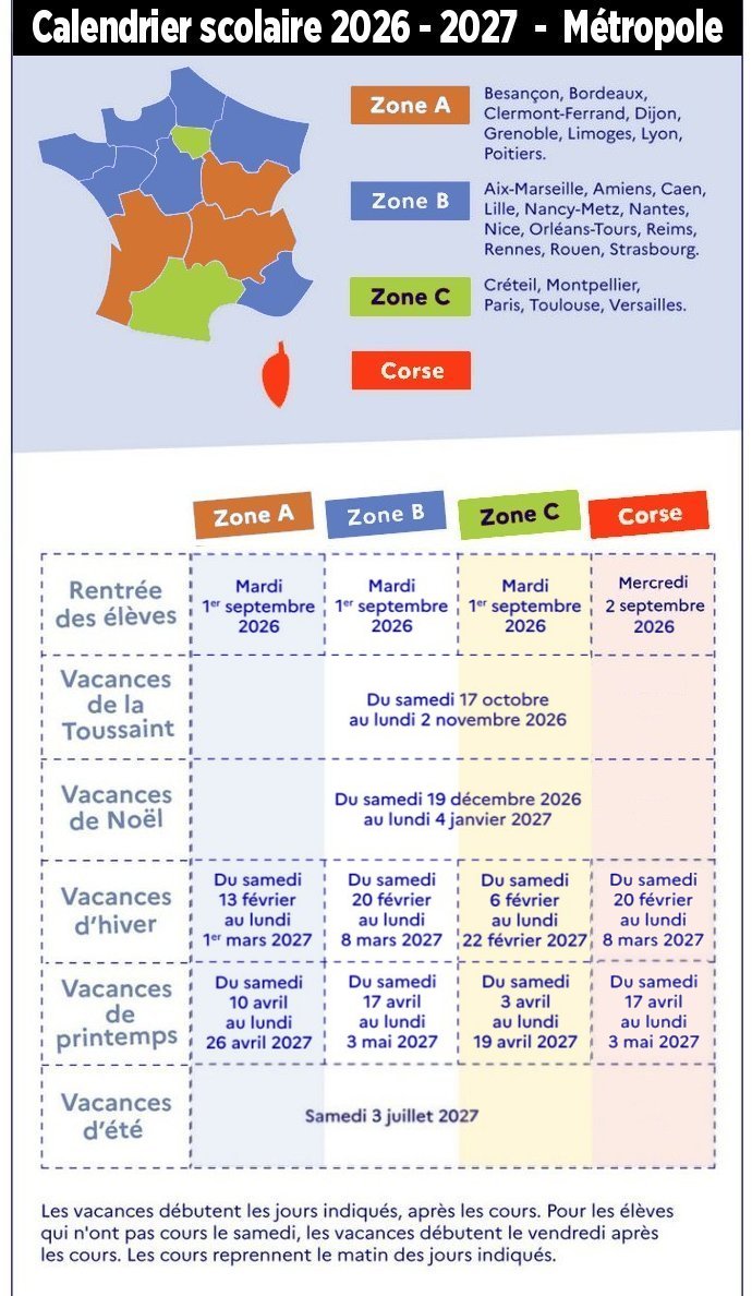 Calendrier des vacances 2026-2027 